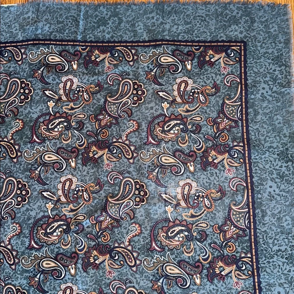 Vintage 60s Norman Brand Blue & Tan Paisley Wool Very Large‎ Scarf or Wrap
